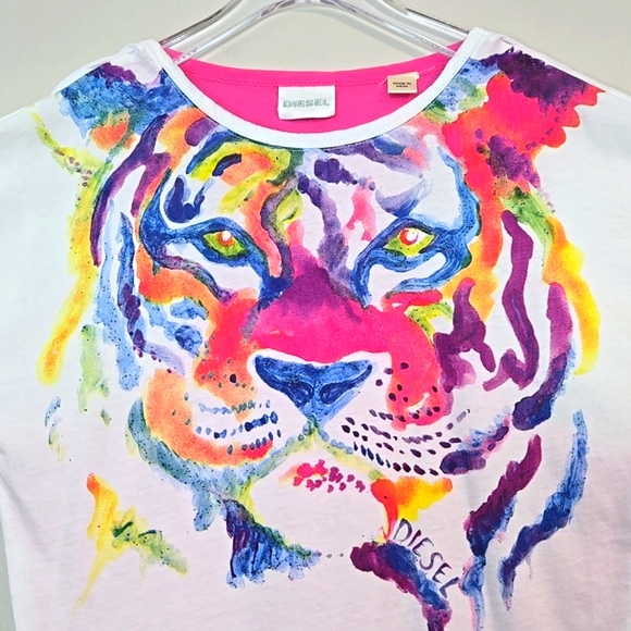 Diesel Kids Watercolour Tiger Print T-Shirt W/ Pink Built-in Tank, Size 5 ~ EUC - Picture 1 of 7